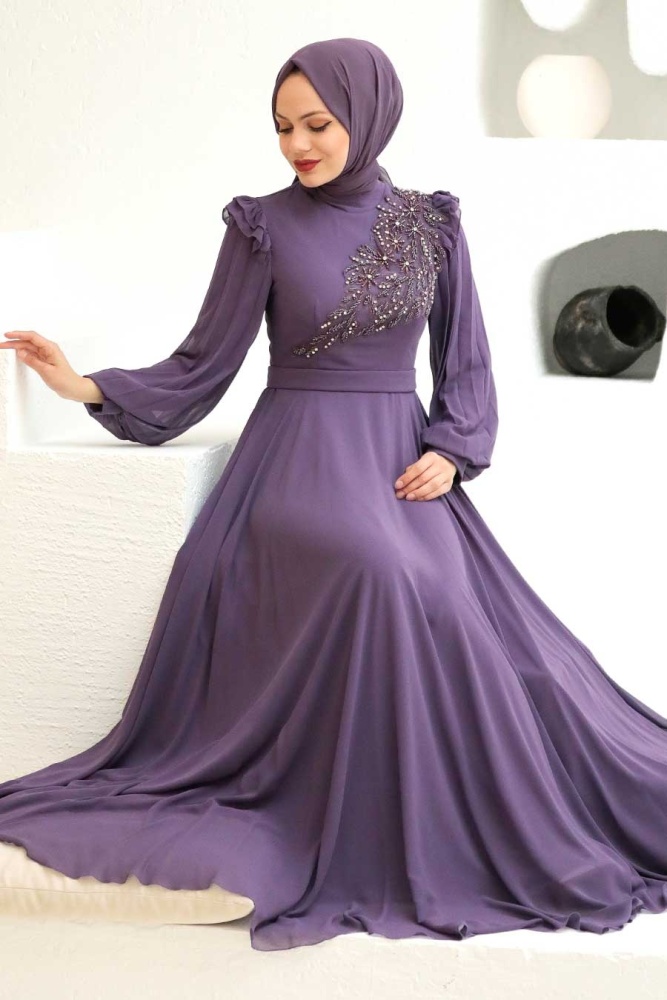 Tesettürlü Abiye Elbise - Robe de soirée islamique lilas 22110LILA - 2