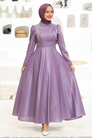 Tesettürlü Abiye Elbise - Robe de soirée islamique lilas 22301LILA - 3