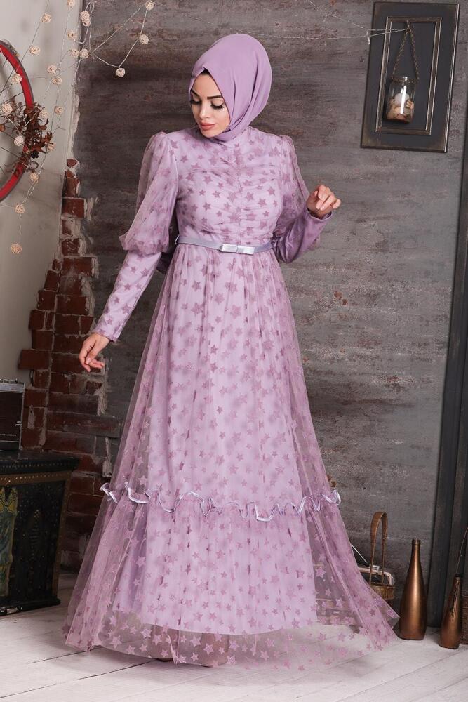 Tesettürlü Abiye Elbise - Robe de soirée islamique lilas 22840LILA - 1