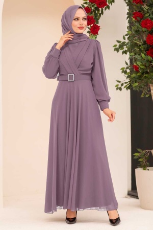 Tesettürlü Abiye Elbise -Robe de soirée islamique lilas 3060LILA - 1