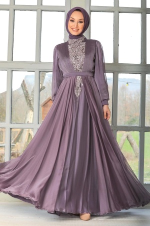 Tesettürlü Abiye Elbise - Robe de soirée islamique lilas 3315LILA - 1
