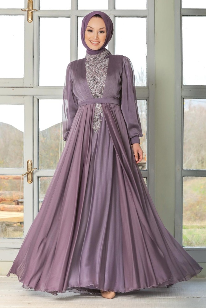 Tesettürlü Abiye Elbise - Robe de soirée islamique lilas 3315LILA - 2