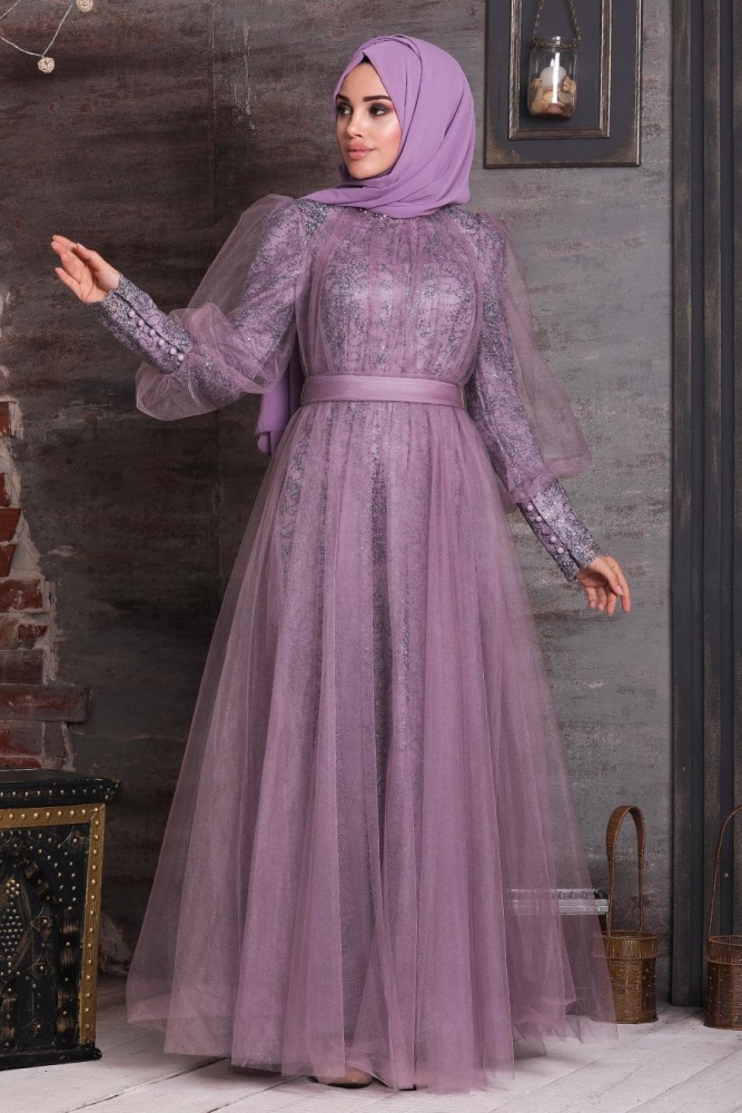 Tesettürlü Abiye Elbise - Robe de soirée islamique lilas foncé 21691KLILA - 1