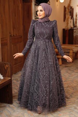 Tesettürlü Abiye Elbise - Robe de soirée islamique lilas foncé 22780KLILA - 1