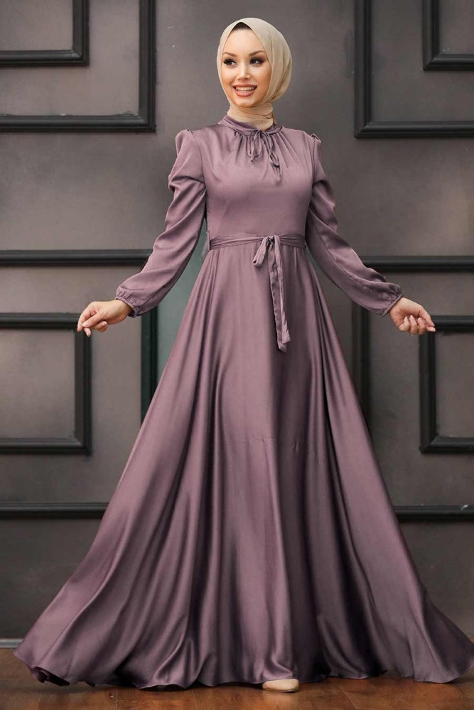 Tesettürlü Abiye Elbise - Robe de soirée islamique lilas foncé 25130KLILA - 1