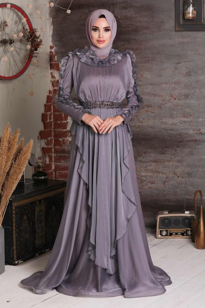 Tesettürlü Abiye Elbise - Robe de soirée islamique lilas foncé 4112KLILA - 1