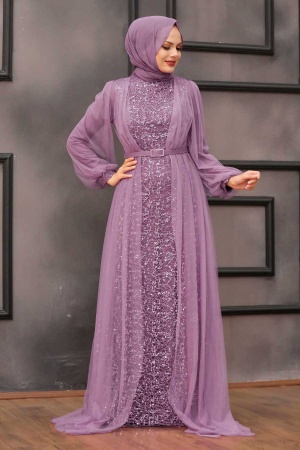 Tesettürlü Abiye Elbise - Robe de soirée islamique lilas foncé 5383KLILA - 1