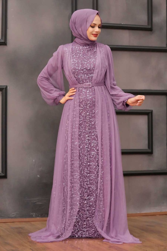 Tesettürlü Abiye Elbise - Robe de soirée islamique lilas foncé 5383KLILA - 1