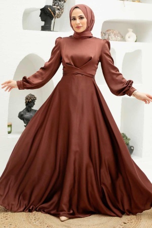 Tesettürlü Abiye Elbise - Robe de Soirée Islamique Marron 3064KH - 1