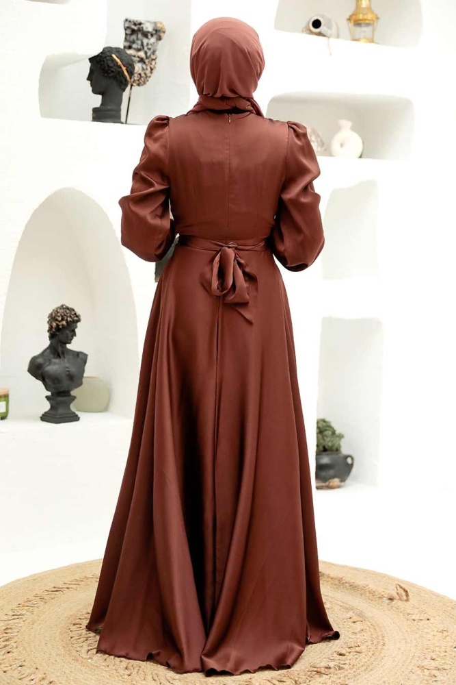 Tesettürlü Abiye Elbise - Robe de Soirée Islamique Marron 3064KH - 4