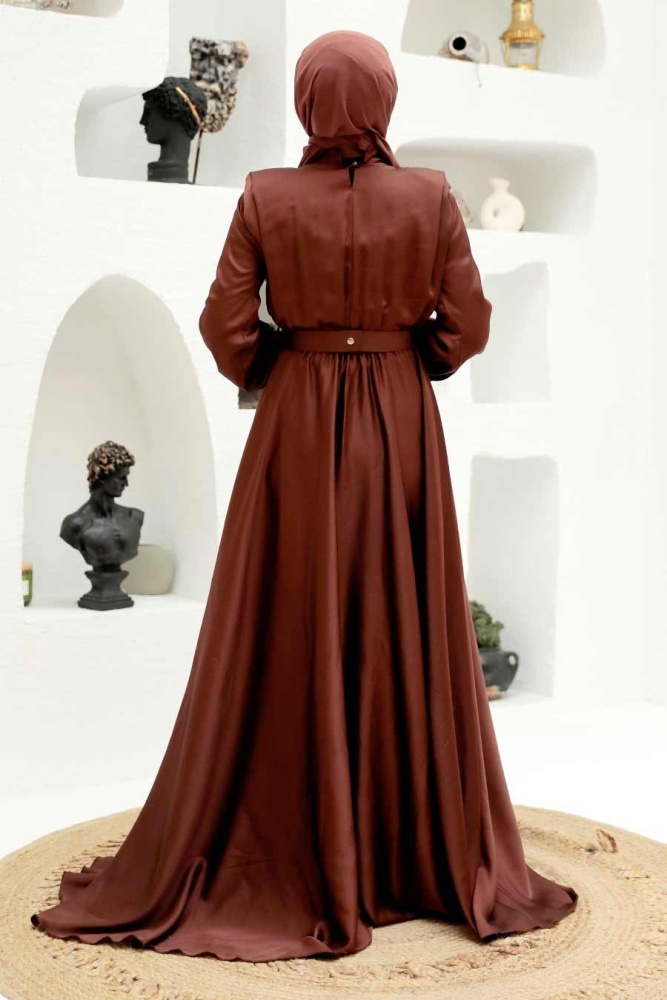 Tesettürlü Abiye Elbise - Robe de Soirée Islamique Marron 3378KH - 2