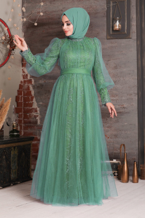 Tesettürlü Abiye Elbise - Robe de soirée islamique menthe 21691MINT - 1