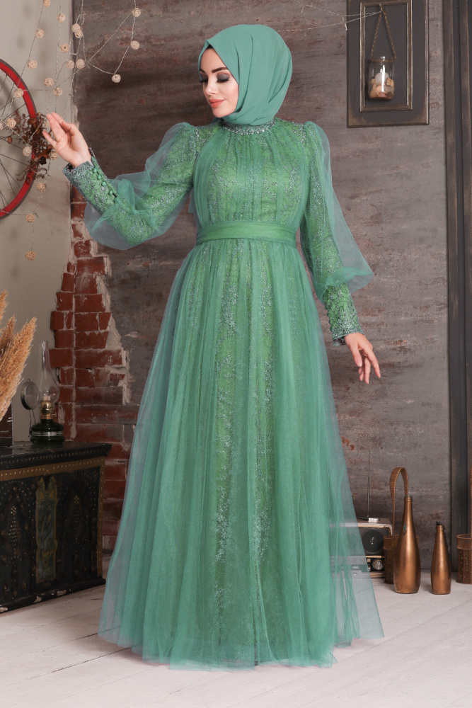 Tesettürlü Abiye Elbise - Robe de soirée islamique menthe 21691MINT - 1