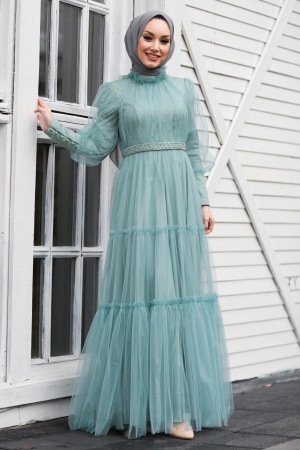 Tesettürlü Abiye Elbise - Robe de soirée islamique menthe 21750MINT - 1