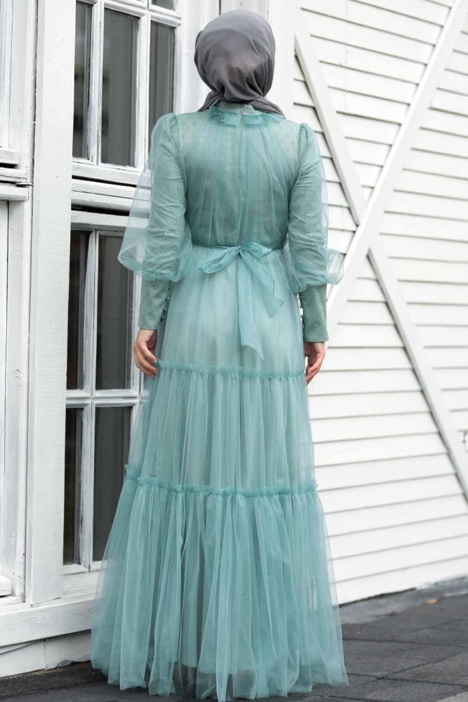 Tesettürlü Abiye Elbise - Robe de soirée islamique menthe 21750MINT - 3