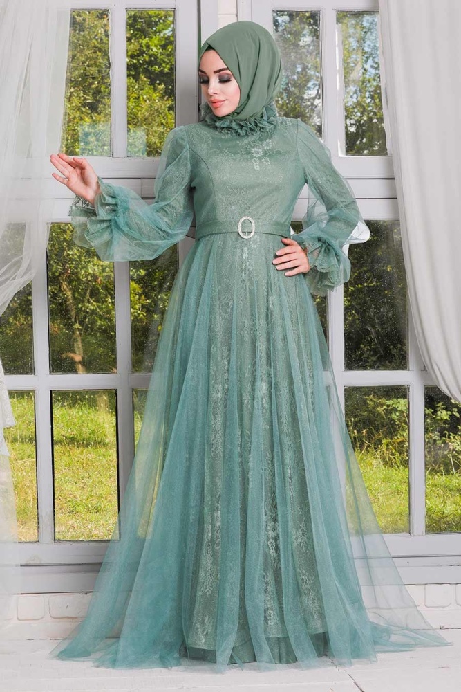 Tesettürlü Abiye Elbise - Robe de soirée islamique menthe 21820MINT - 1
