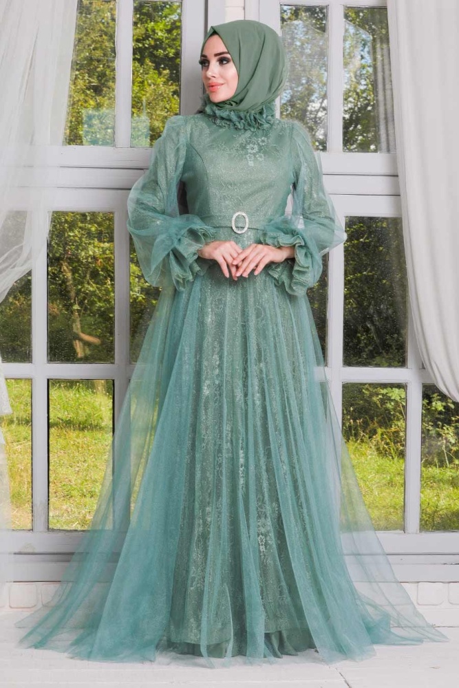 Tesettürlü Abiye Elbise - Robe de soirée islamique menthe 21820MINT - 2