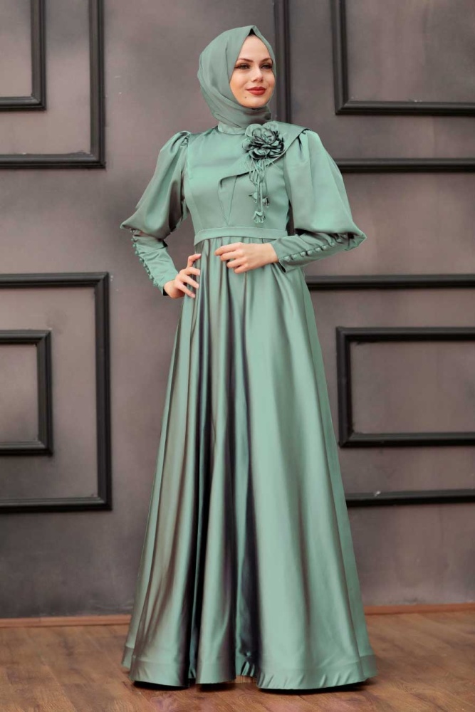 Tesettürlü Abiye Elbise -Robe de soirée islamique menthe 22080MINT - 1