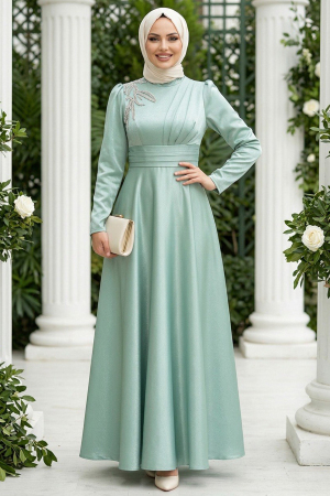 Tesettürlü Abiye Elbise - Robe de soirée islamique menthe 22301MINT - 1