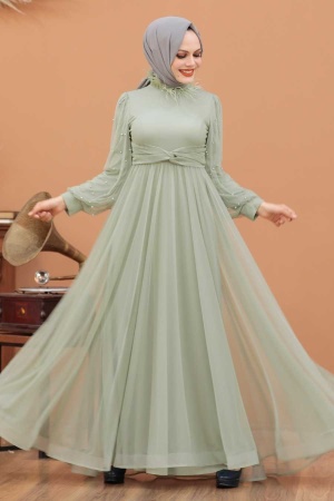 Tesettürlü Abiye Elbise - Robe de soirée islamique menthe 4305MINT - 1
