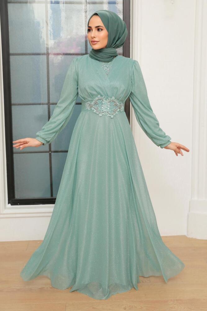 Tesettürlü Abiye Elbise - Robe de Soirée Islamique Menthe 50151MINT - 2