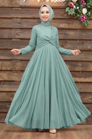 Tesettürlü Abiye Elbise - Robe de soirée islamique menthe 5397MINT - 1
