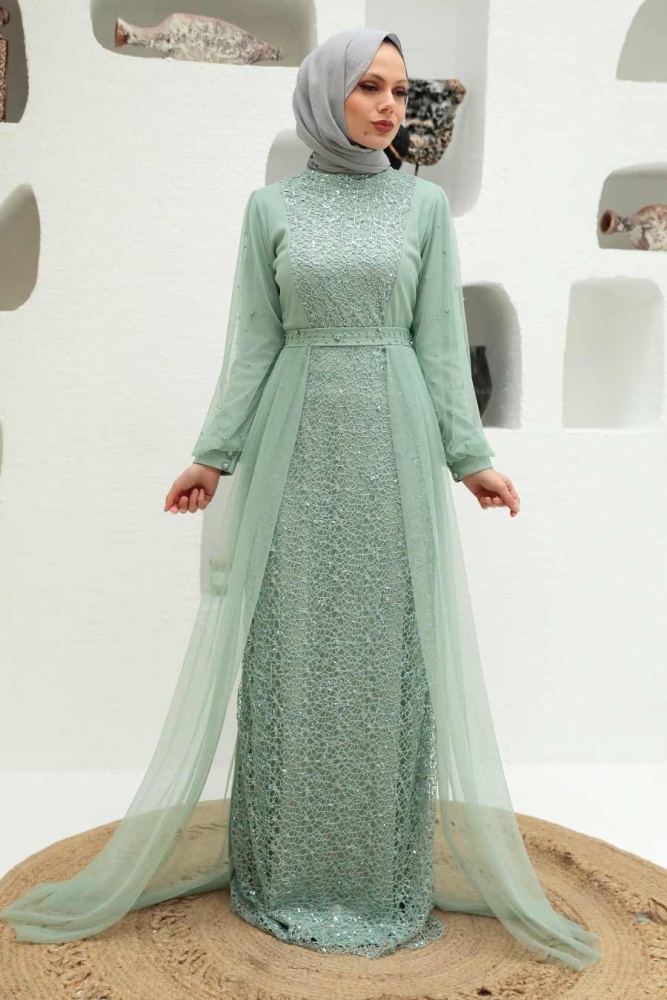 Tesettürlü Abiye Elbise - Robe de Soirée Islamique Menthe 5632MINT - 1