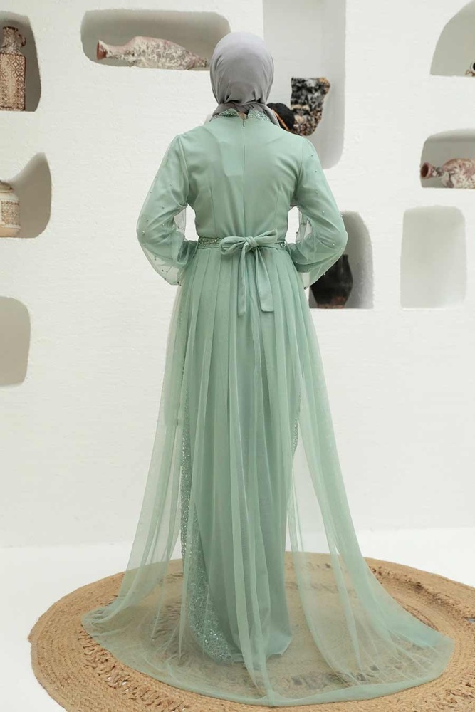 Tesettürlü Abiye Elbise - Robe de Soirée Islamique Menthe 5632MINT - 3