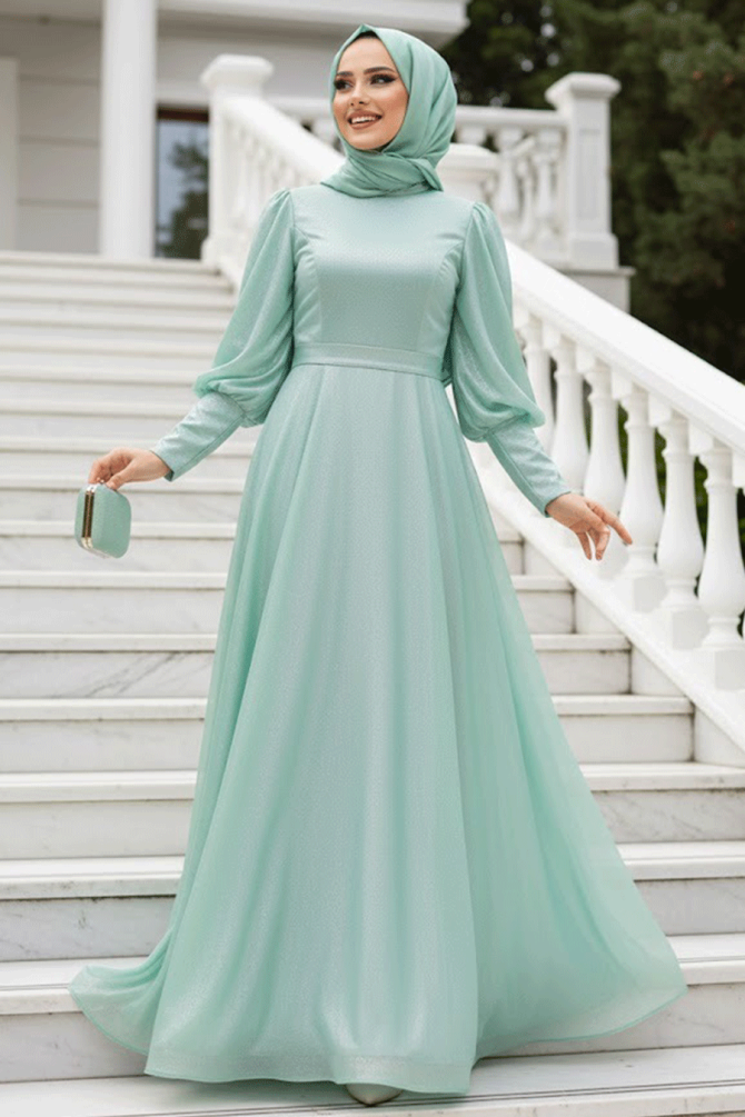 Tesettürlü Abiye Elbise - Robe de Soirée Islamique Menthe 56721MINT - 1