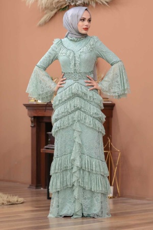Tesettürlü Abiye Elbise -Robe de soirée islamique menthe 75801MINT - 1