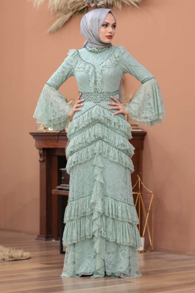 Tesettürlü Abiye Elbise -Robe de soirée islamique menthe 75801MINT - 1