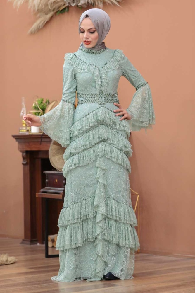 Tesettürlü Abiye Elbise -Robe de soirée islamique menthe 75801MINT - 3