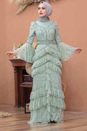 Tesettürlü Abiye Elbise -Robe de soirée islamique menthe 75801MINT - 2