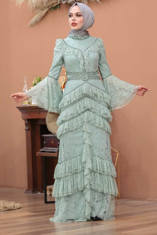 Tesettürlü Abiye Elbise -Robe de soirée islamique menthe 75801MINT - 2
