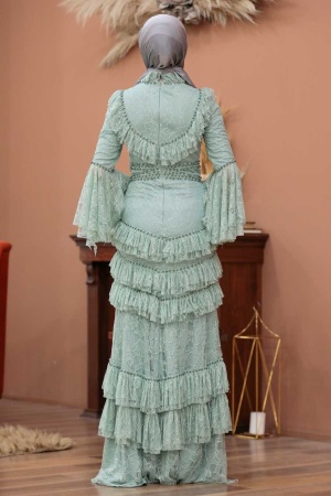 Tesettürlü Abiye Elbise -Robe de soirée islamique menthe 75801MINT - 4