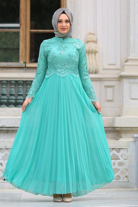 Tesettürlü Abiye Elbise - Robe de soirée islamique menthe 7722MINT - 1