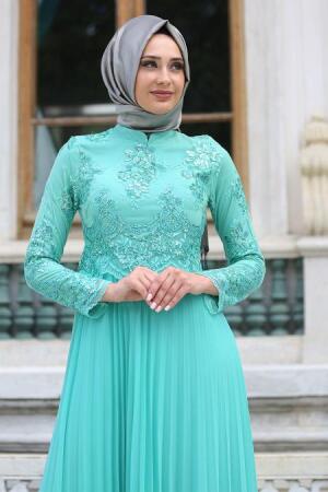 Tesettürlü Abiye Elbise - Robe de soirée islamique menthe 7722MINT - 2