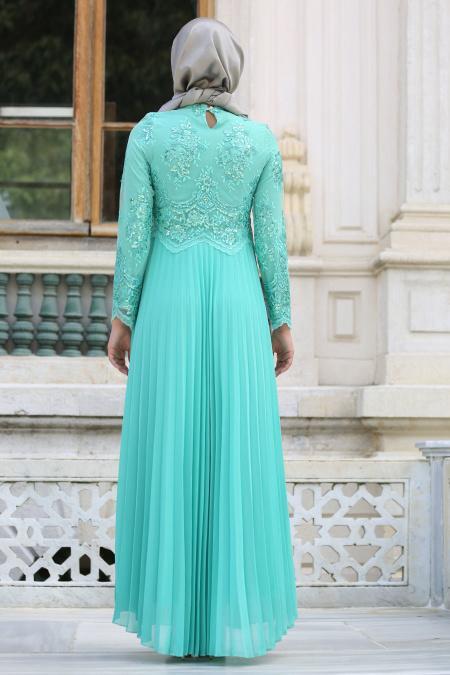 Tesettürlü Abiye Elbise - Robe de soirée islamique menthe 7722MINT - 3