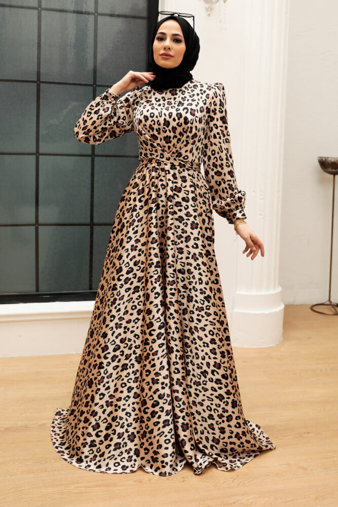 Tesettürlü Abiye Elbise -Robe de soirée islamique à motifs léopard 30640LP - 2