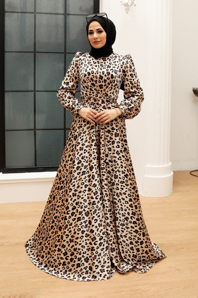 Tesettürlü Abiye Elbise -Robe de soirée islamique à motifs léopard 30640LP - 1