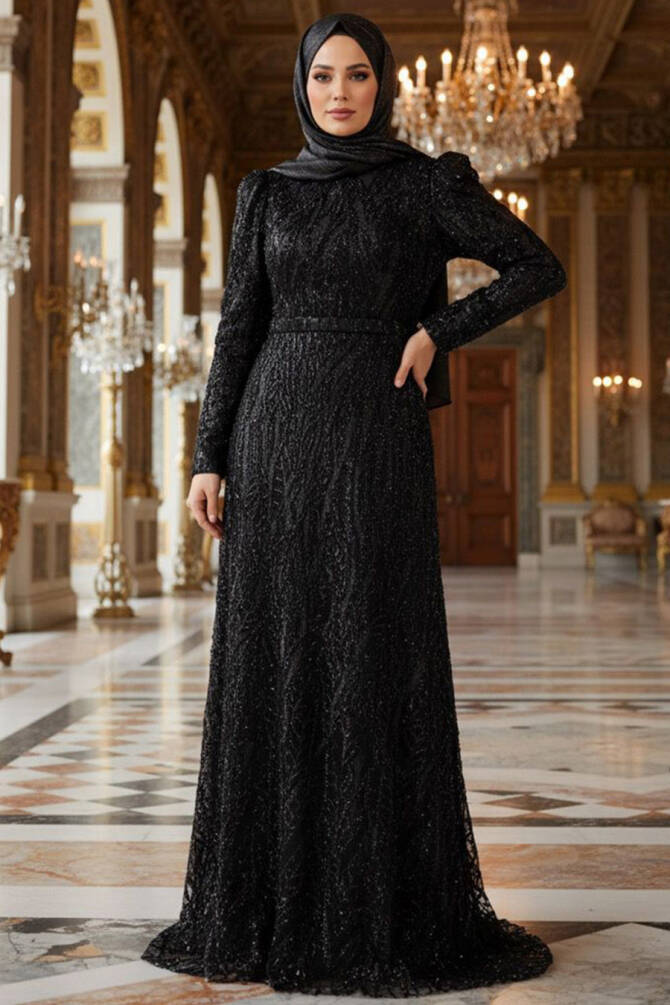 Tesettürlü Abiye Elbise - Robe de Soirée Islamique Noire 22633S - 1