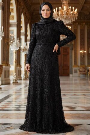 Robe de soirée longue et couvrante avec broderies de perles – Noir 22633S - 1