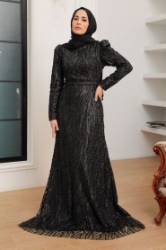 Tesettürlü Abiye Elbise - Robe de Soirée Islamique Noire 22633S - Thumbnail