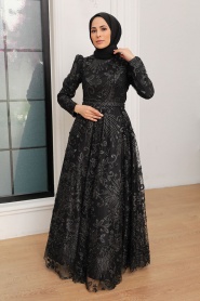 Tesettürlü Abiye Elbise - Robe de Soirée Islamique Noire 22662S - Thumbnail