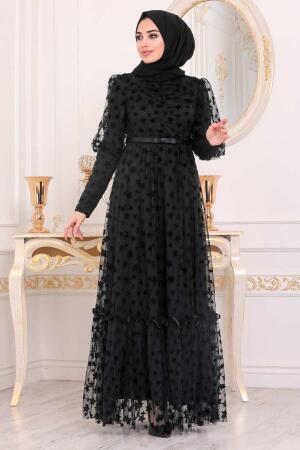 Tesettürlü Abiye Elbise - Robe de soirée islamique noire 22840S - 1