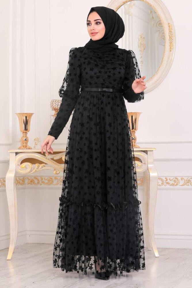 Tesettürlü Abiye Elbise - Robe de soirée islamique noire 22840S - 1