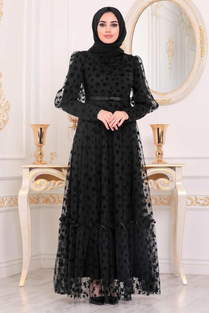 Tesettürlü Abiye Elbise - Robe de soirée islamique noire 22840S - 2