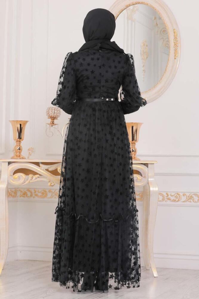 Tesettürlü Abiye Elbise - Robe de soirée islamique noire 22840S - 3