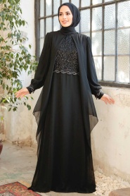 Tesettürlü Abiye Elbise - Robe de Soirée Islamique Noire 25765S - Thumbnail