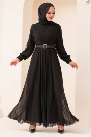 Tesettürlü Abiye Elbise -Robe de soirée islamique noire 3060S - 1